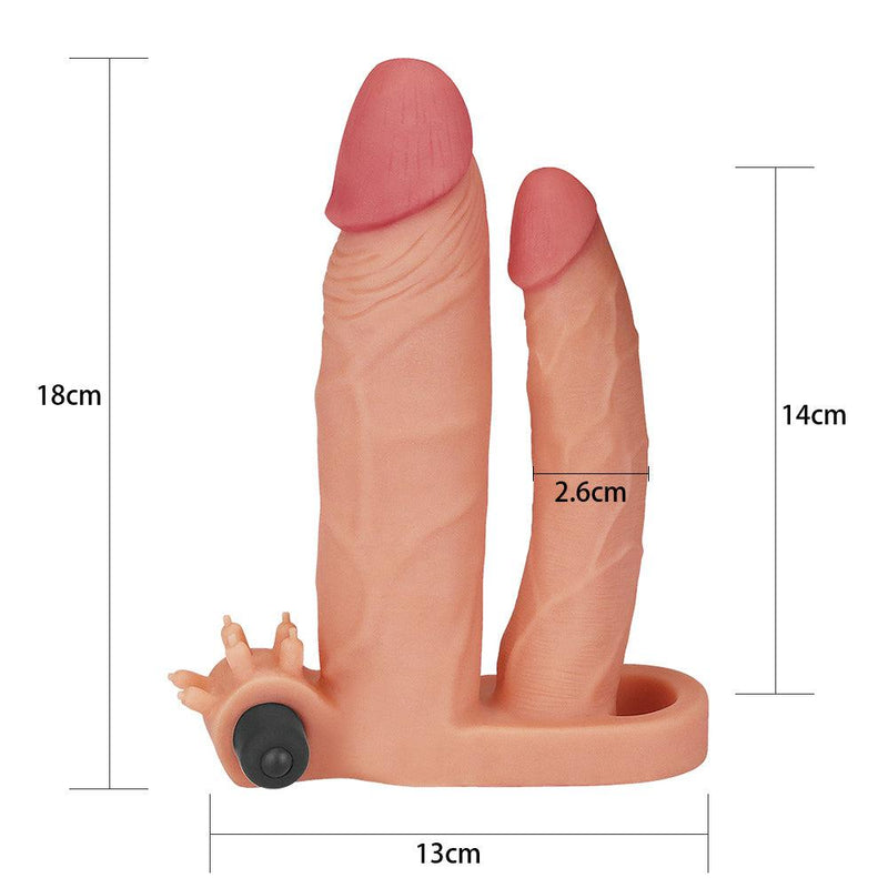 Lovetoy - Pleasure X-tender Vibrerende dubbele penis sleeve 18 En 14 cm - Lichte Huidskleur-Erotiekvoordeel.nl